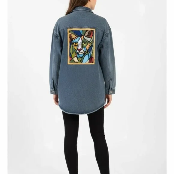 Hand Painted One Of A Kind, Bedazzled, Up-Cycled Denim Jacket Geometric Cat Face - Picture 3 of 11